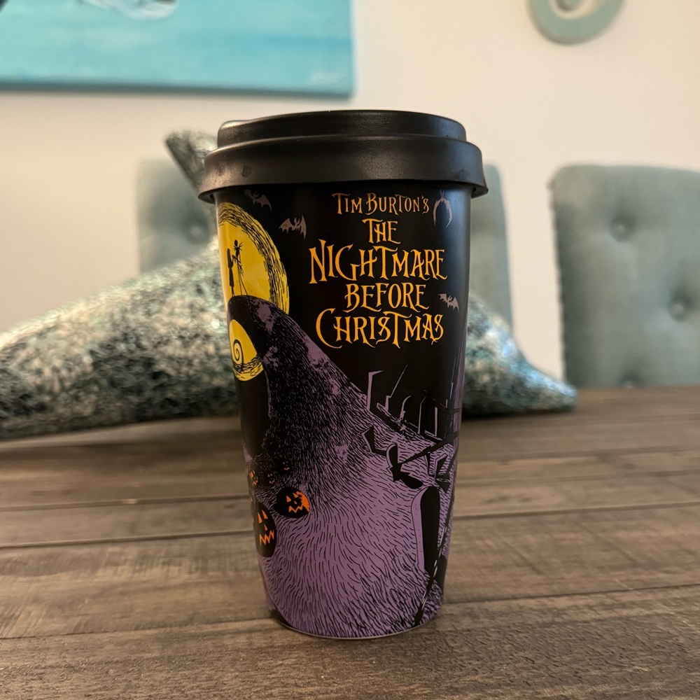 Nightmare Before Christmas ceramic drinking glass with silicone snap on lid.